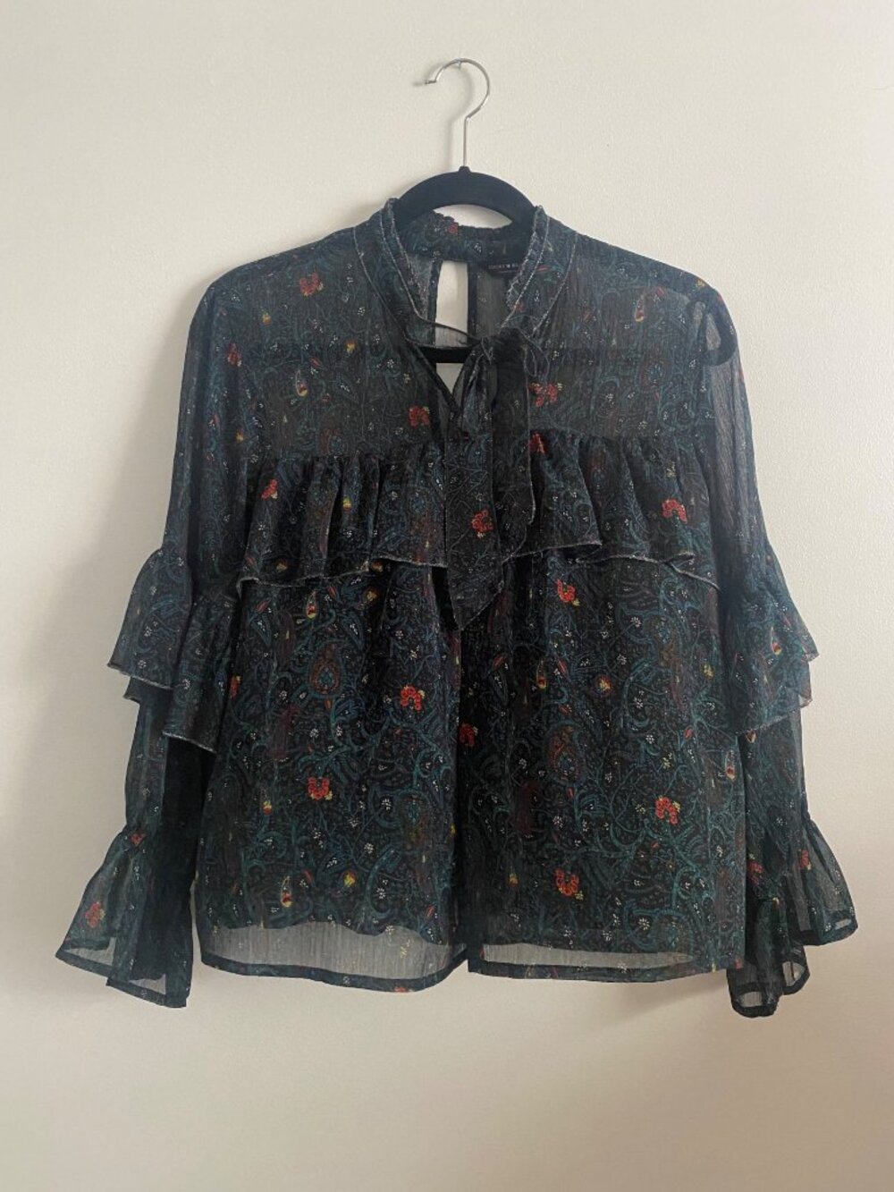 Lucky Brand Sheer Teal Paisley Blouse With Ruffled Sleeves & Tie Neck Size S